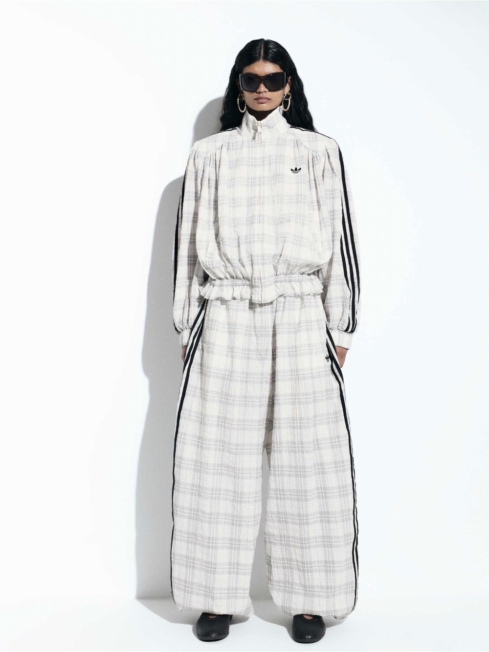 adidas Women’s Cream Plaid Track Jacket with Black Stripes - Picture 6 of 6